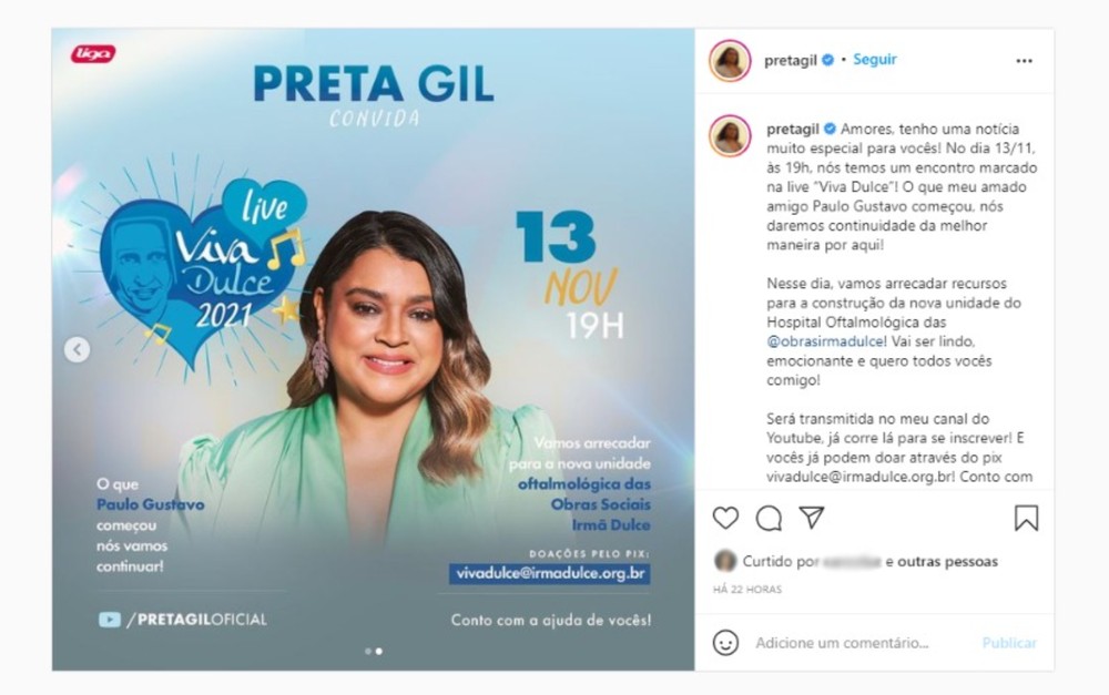 Preta Gil vai participar de 'live' para arrecadar doações para as Obras Sociais Irmã Dulce